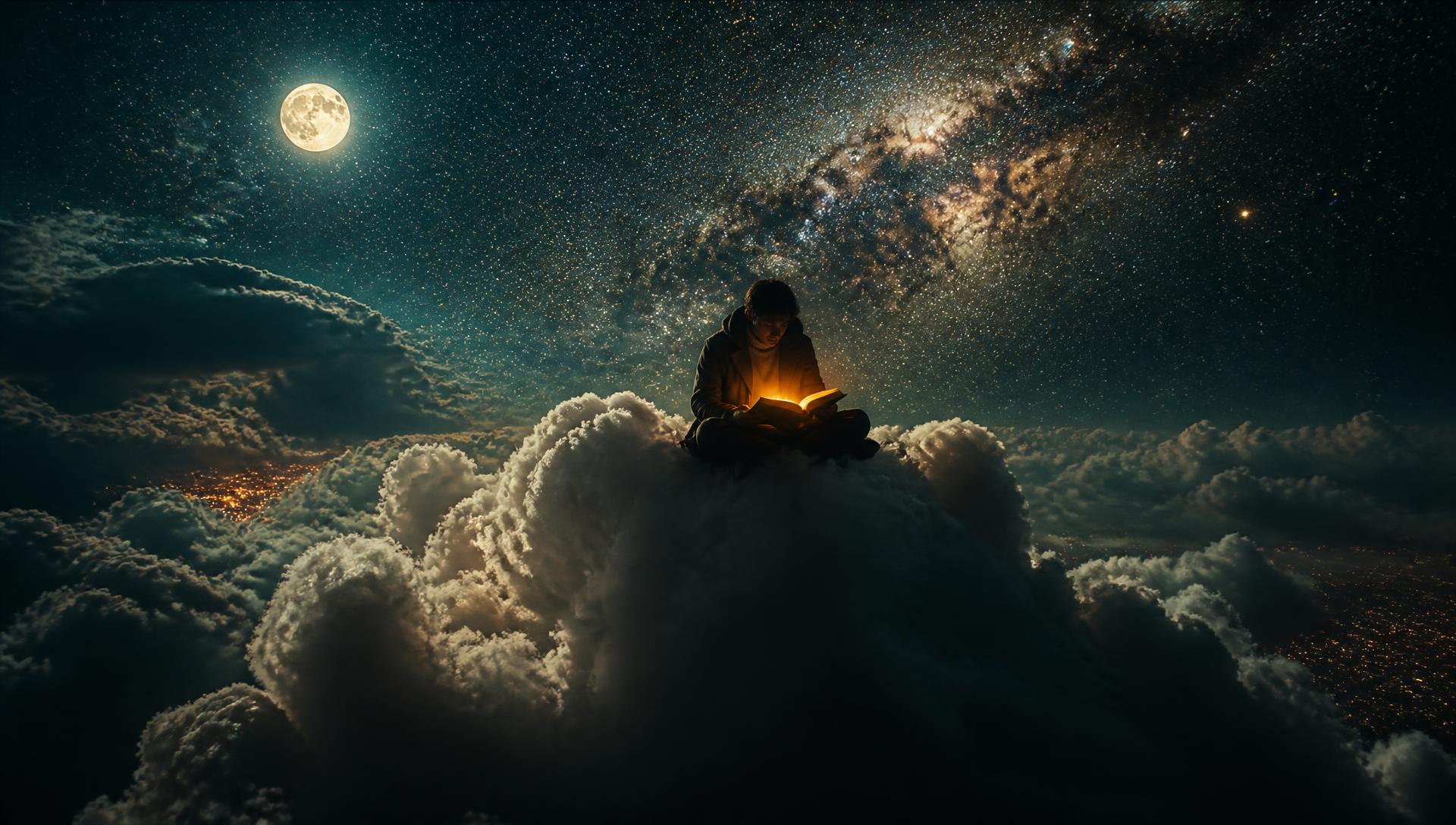 A lone traveler on a ridge facing mountains beneath an enormous spiral galaxy